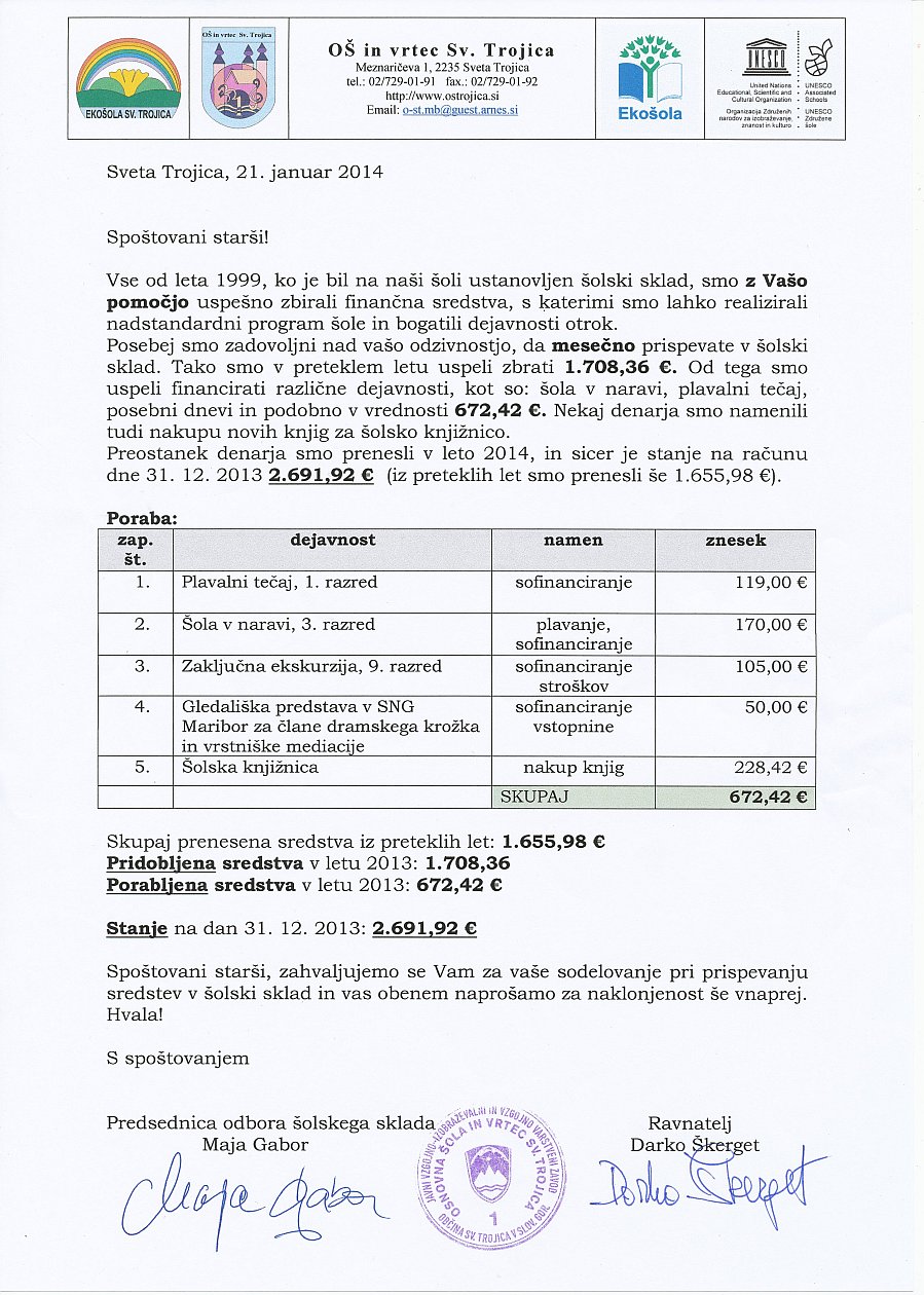Poročilo šolskega sklada – januar 2014